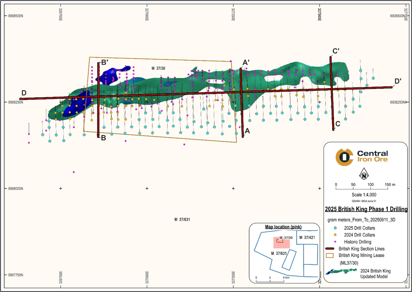 Section plan for the 2024 Phase 1 and historical drilling 