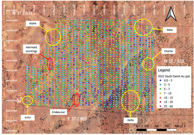 Au (ppb) dispersion in the South Darlot Gold Project with known mineralised deposits and areas of interest highlighted from soil sampling campaign.