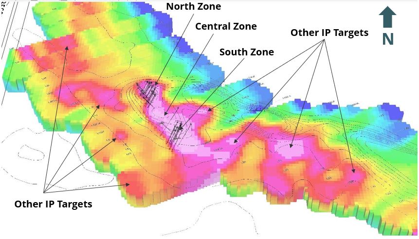 LS Resource Update - Sept 25 - Figure 4 - Regional 3D Coloured Chargeability Model with Black Gravity Contours