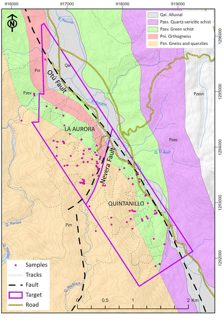 Map of the target with the main faults, tracks, and sampled points.