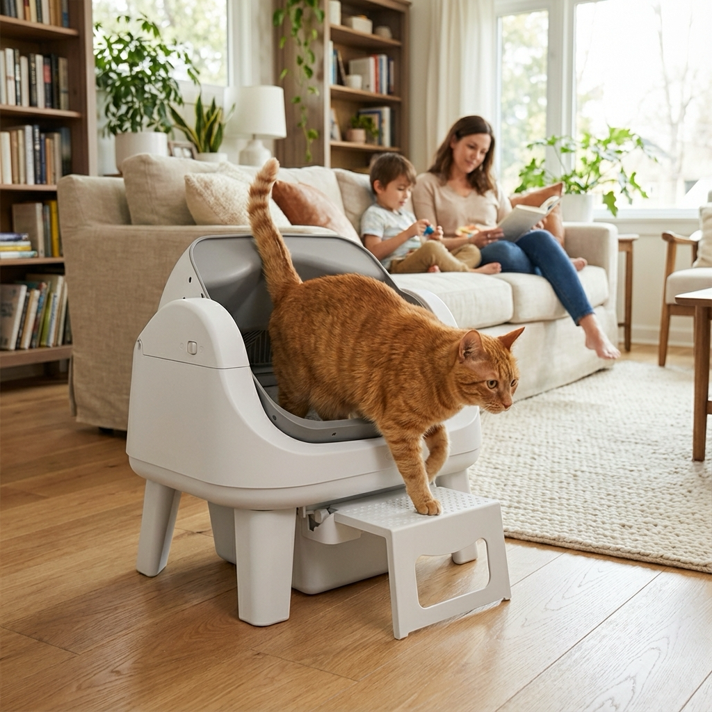 Mother enjoys her time while cat uses autoscooper