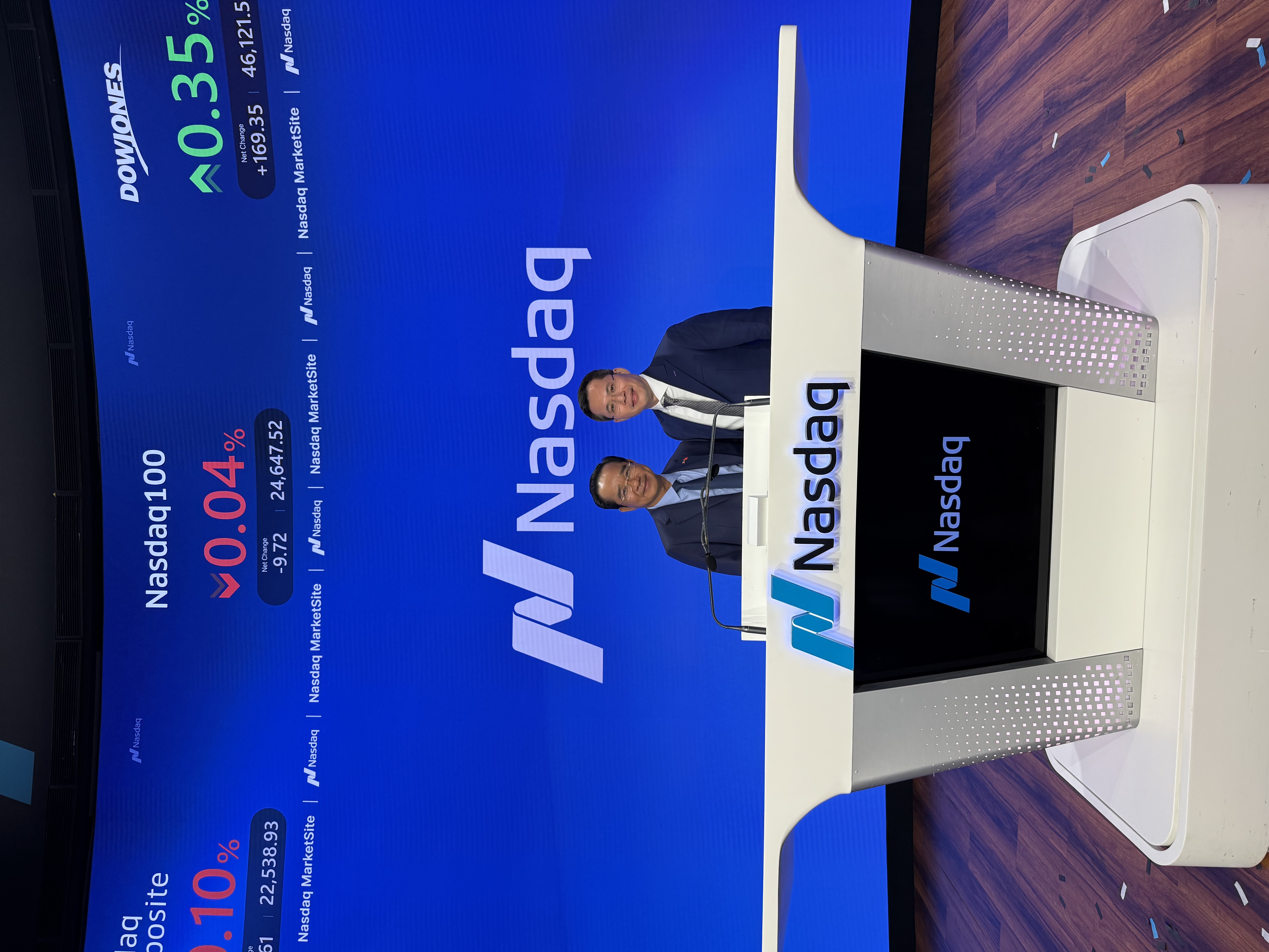 Chairman of the Ho Chi Minh City People’s Committee Nguyen Van Duoc and J-Star CEO Sam Van Celebrate on the Podium During Nasdaq Bell Ringing Ceremony