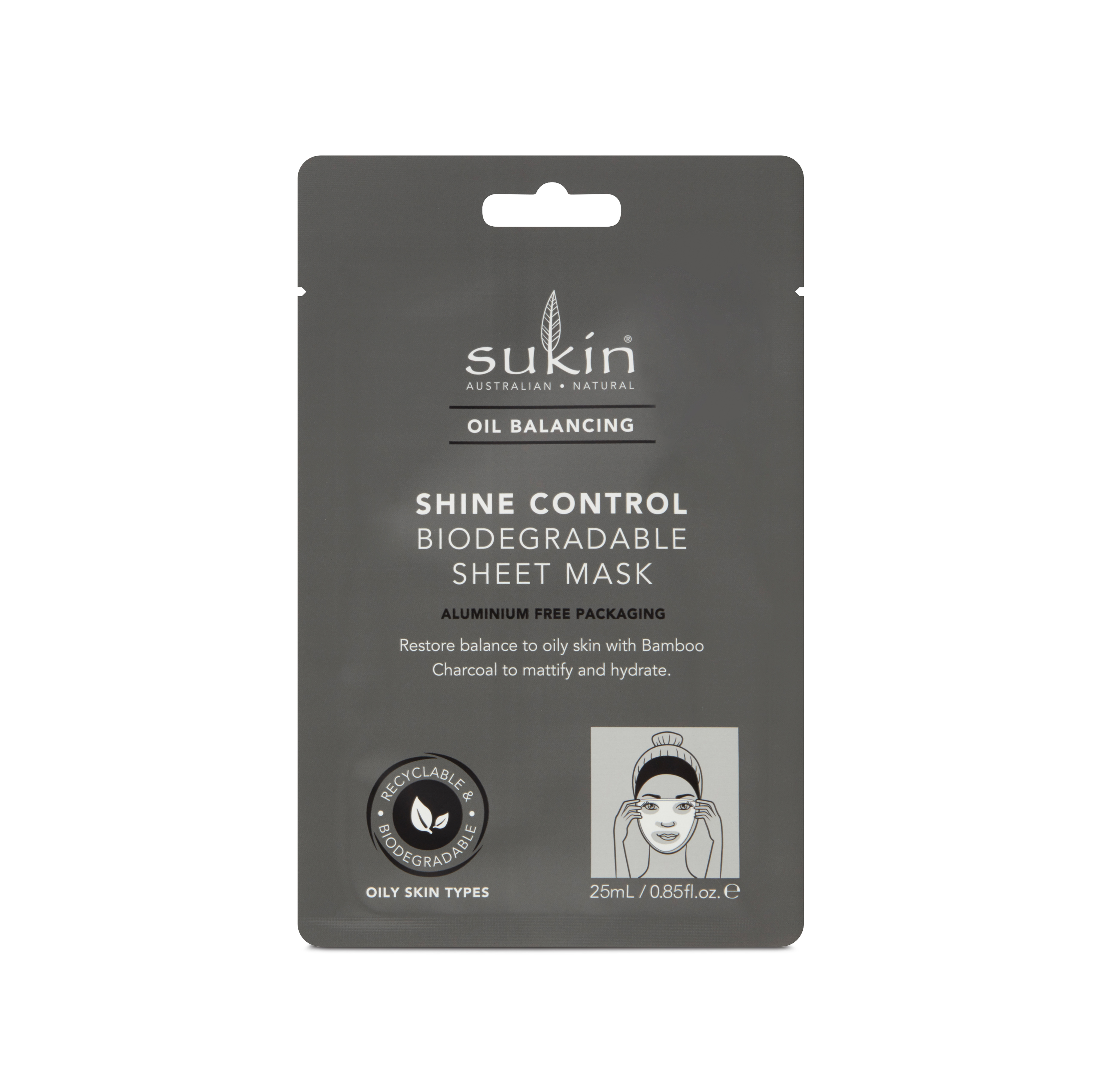 Shine Control Biodegradable Sheet Mask: Control your T-Zone with Sukin’s Shine Control Sheet Mask, featuring Bamboo Charcoal. It helps mattify skin, minimize pores and protect from environmental pollutants, leaving your skin balanced, hydrated and healthy.