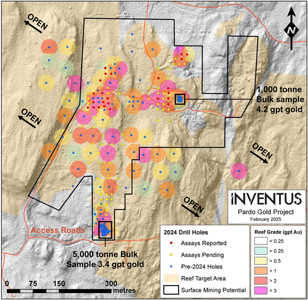 Plan map illustrating gold grade (gpt Au) of the flat lying shallow reef at the Pardo Gold Project.