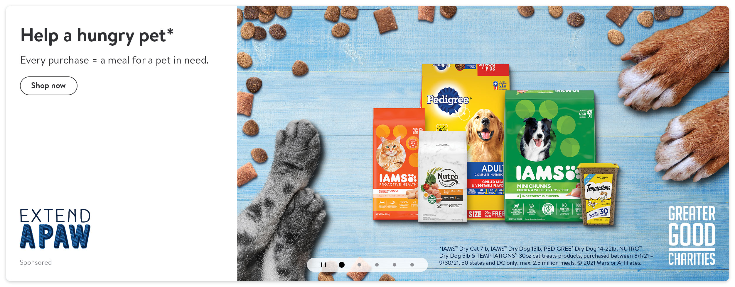 Greater Good Charities, in partnership with Mars Petcare, has launched Extend a Paw to donate 2.5 million pet meals to help end hunger in animal shelters and rescues across the country.