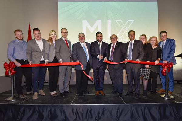 (From left to right) Michael Phillips, CEO Vena Medical; Ben Fluter, CEO Bloom; Alexa Roeper, CEO Penta Medical; Simon Kennedy, Deputy Minister, Innovation, Science & Economic Development; Dave Jaworsky, Mayor of Waterloo; Armen Bakirtzian, CEO Intellijoint Surgical; Berry Vrbanovic, Mayor of Kitchener; Raj Saini, MP for Kitchener Centre; Margaret Johnston, Kitchener Councillor Ward 8; Sarah Marsh, Kitchener Councillor Ward 10; Tim Louis, and MP for Kitchener-Conestoga participate in the MIX Grand Opening Ribbon-Cutting, Kitchener, Ontario, Friday, January 10, 2020.  The Canadian Press Images PHOTO/Intellijoint Surgical Inc. 