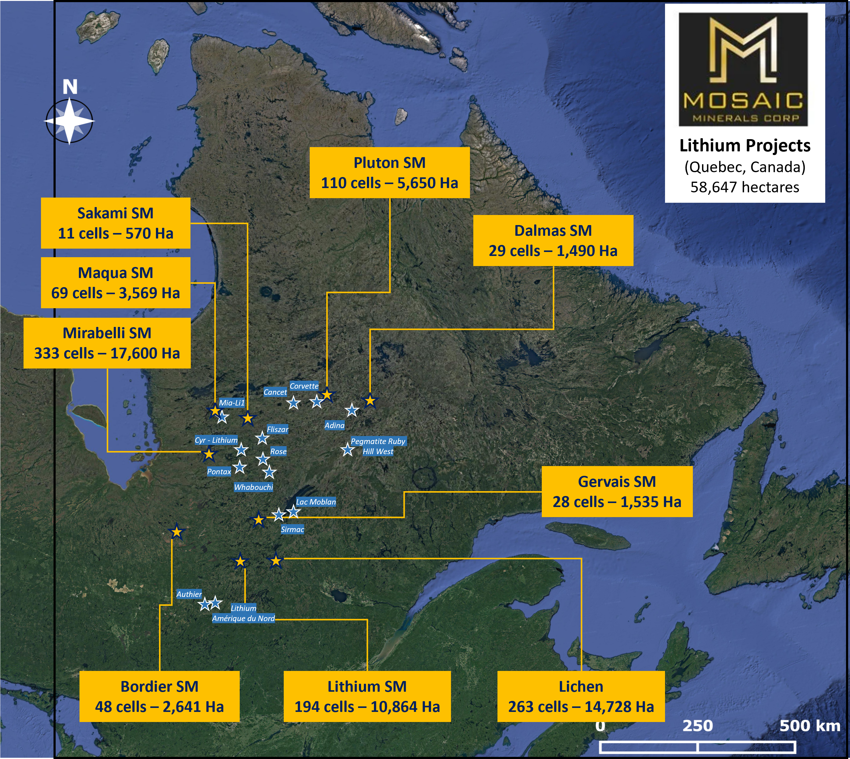 Carte des projets lithium de Mosaic Minerals