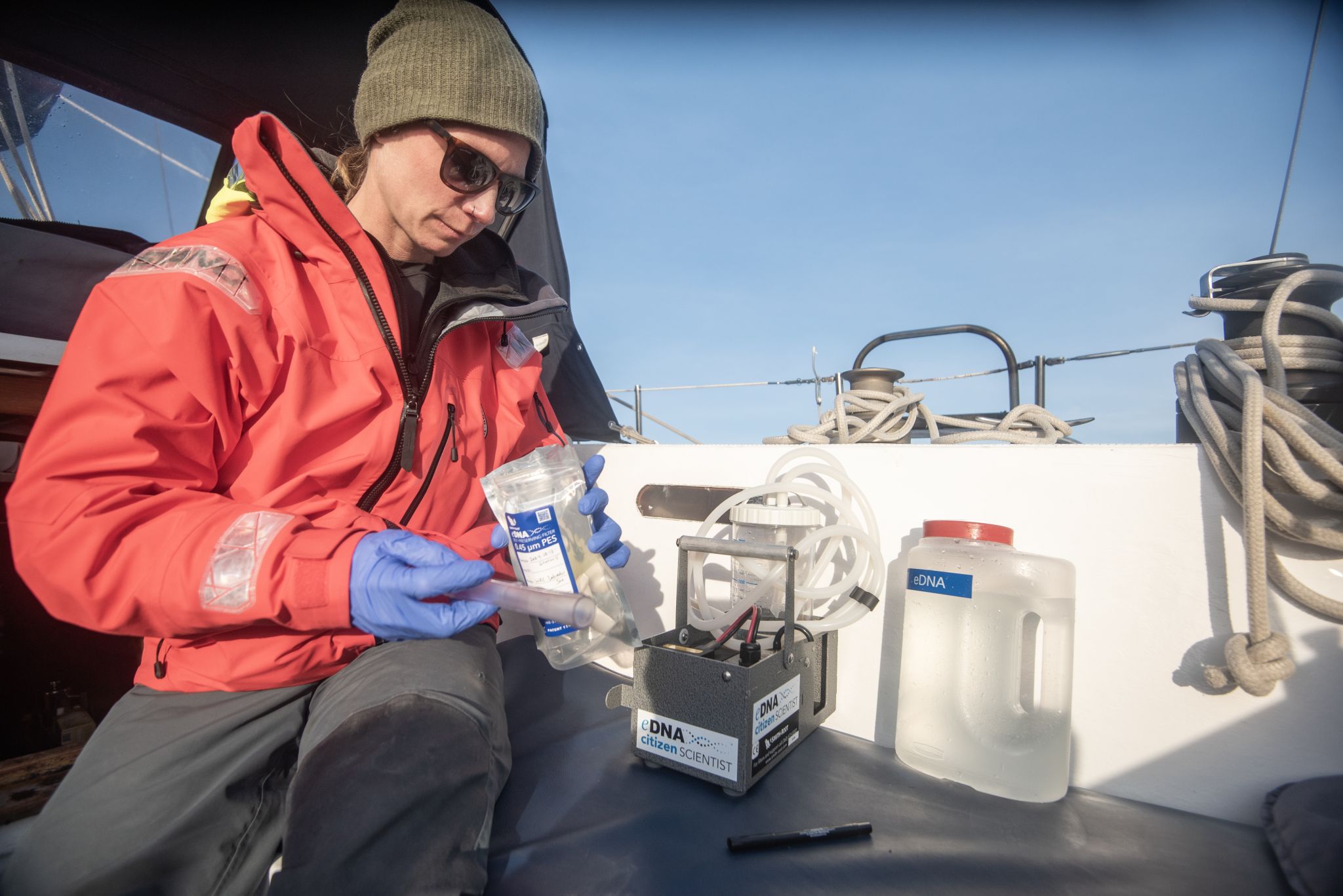 Researcher Katy Gavrilchuk filtering seawater samples aboard a research vessel for eDNA testing.