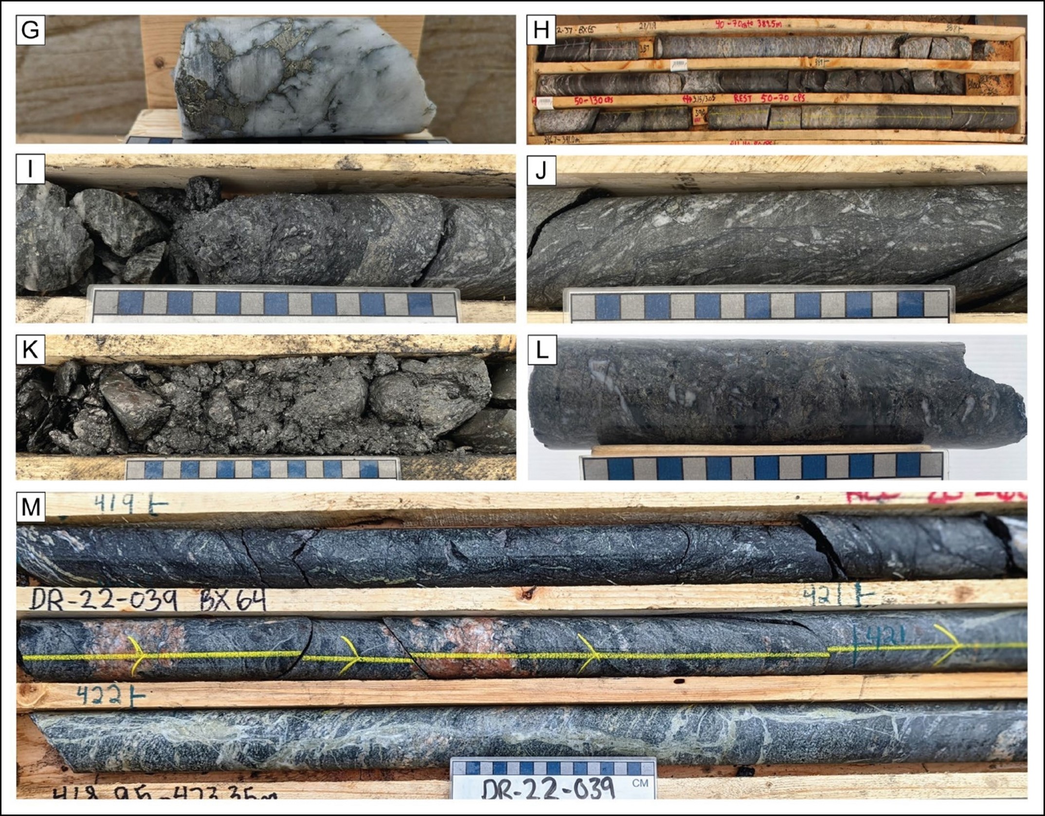 Core photos of structural zones from the Phase III summer drill program. G)sulphide-rich quartz veining proximal to significant shear zone in DR-22-036 hosting anomalous Co, Cu, and Mo. H) Graphitic shear with anomalous U, Mo, and Cu in DR-22-037. I&J) Strong graphitic cataclastic shear in DR-22-037. K) Graphitic clay-altered shear zone in DR-22-038 with5.87 ppm U. L) Anomalous B, Co, and Cu within a brittle reactivated graphitic shear zone. M) Brecciated graphitic high strain zone in DR-22-039.