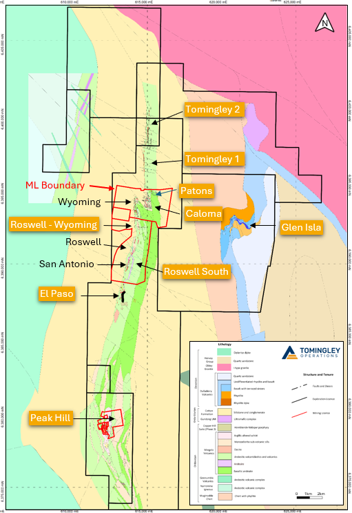 Geological map of Tomingley showing areas of exploration during Q4 FY26.