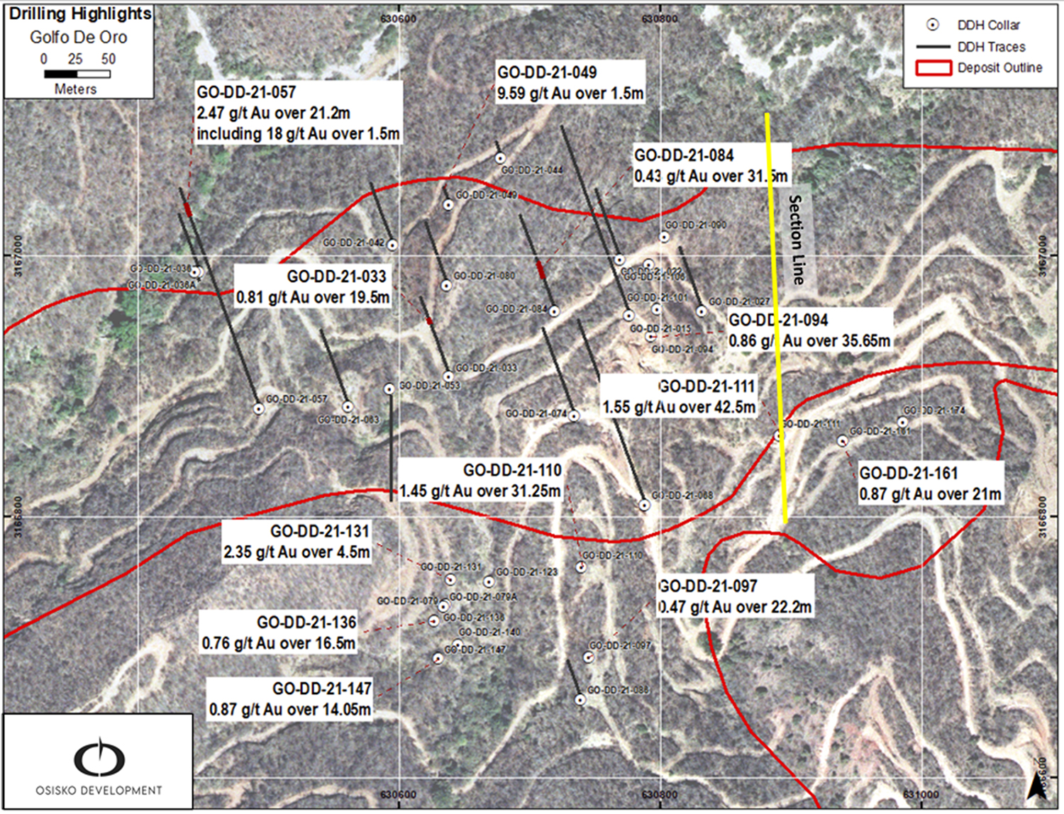 Figure 2: Golfo de Oro plan map with select drilling highlights