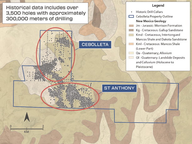 Cebolleta and St. Anthony Areas showing historical drilling. Only the Cebolleta area is included in the historical inferred mineral resource estimate, providing near-term exploration potential on the Project.