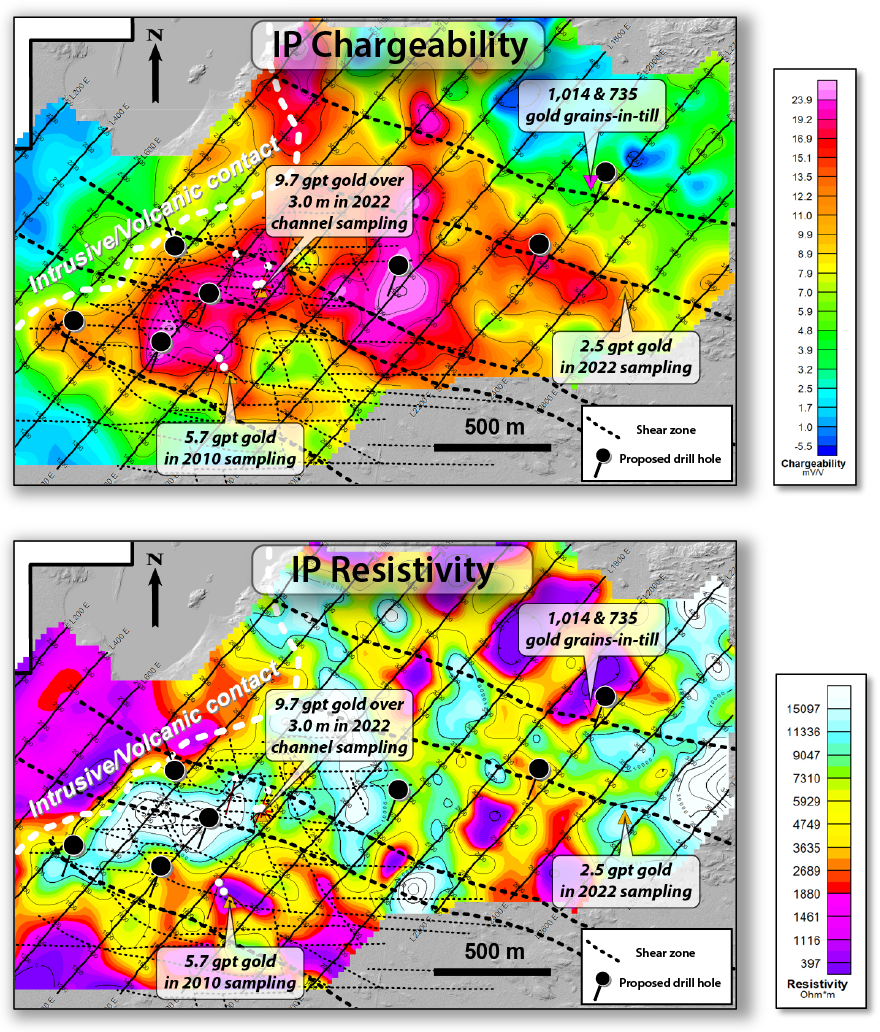 Figure 1 - IP geophysics and proposed drill holes at Skinner Target Area