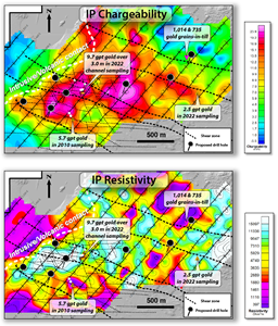 Figure 1 - IP geophysics and proposed drill holes at Skinner Target Area