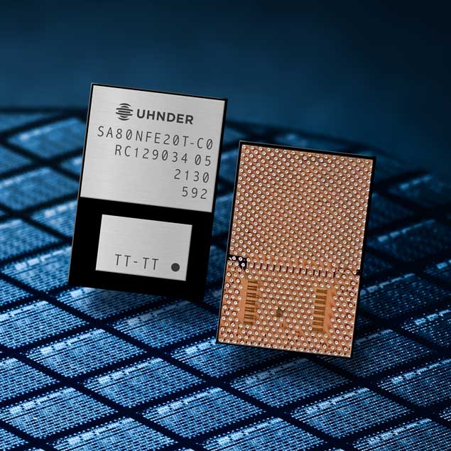 Uhnder's digital radar-on-chip will be fully automotive qualified in April 2022.  Shown here are the front and back of chip.