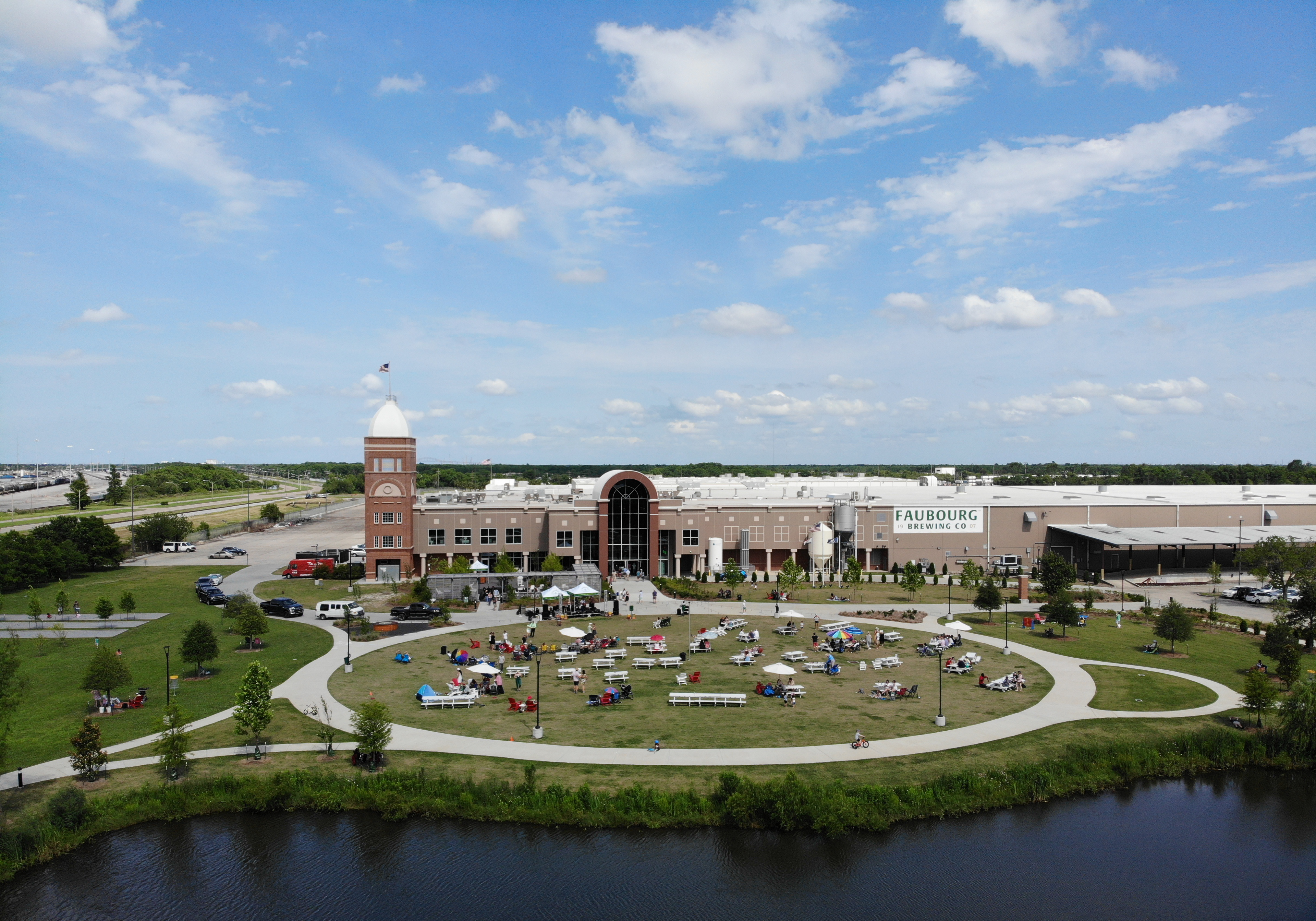 Image shows the large facility at Faubourg Brewery in New Orleans East where they will capture rainwater for drinking with Richard's Rainwater