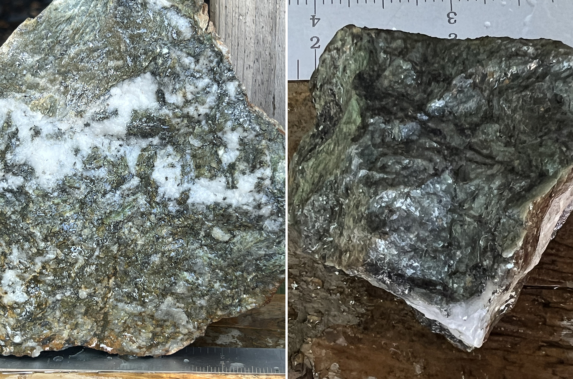 Fig1 - HL quartz carbonate with green mica and stibnite (antimony sulphide); Fig2 - HLP. Strong carbonate with dark veinlets of stibnite (antimony sulphide)