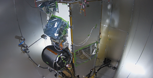 Intuitive Machines' lunar lander, Nova-C, inside a test enclosure during its full system test run.