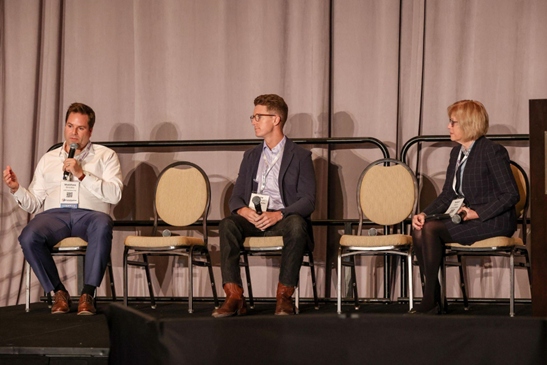 Zefiro Head of Operations Matt Brooks is seen speaking on a panel titled “Digitalization in the World of Plugging Wells for Carbon Credits” with Reid Calhoon of ClimateWells (centre) and Susan Nash of the American Association of Petroleum Geologists (right)
