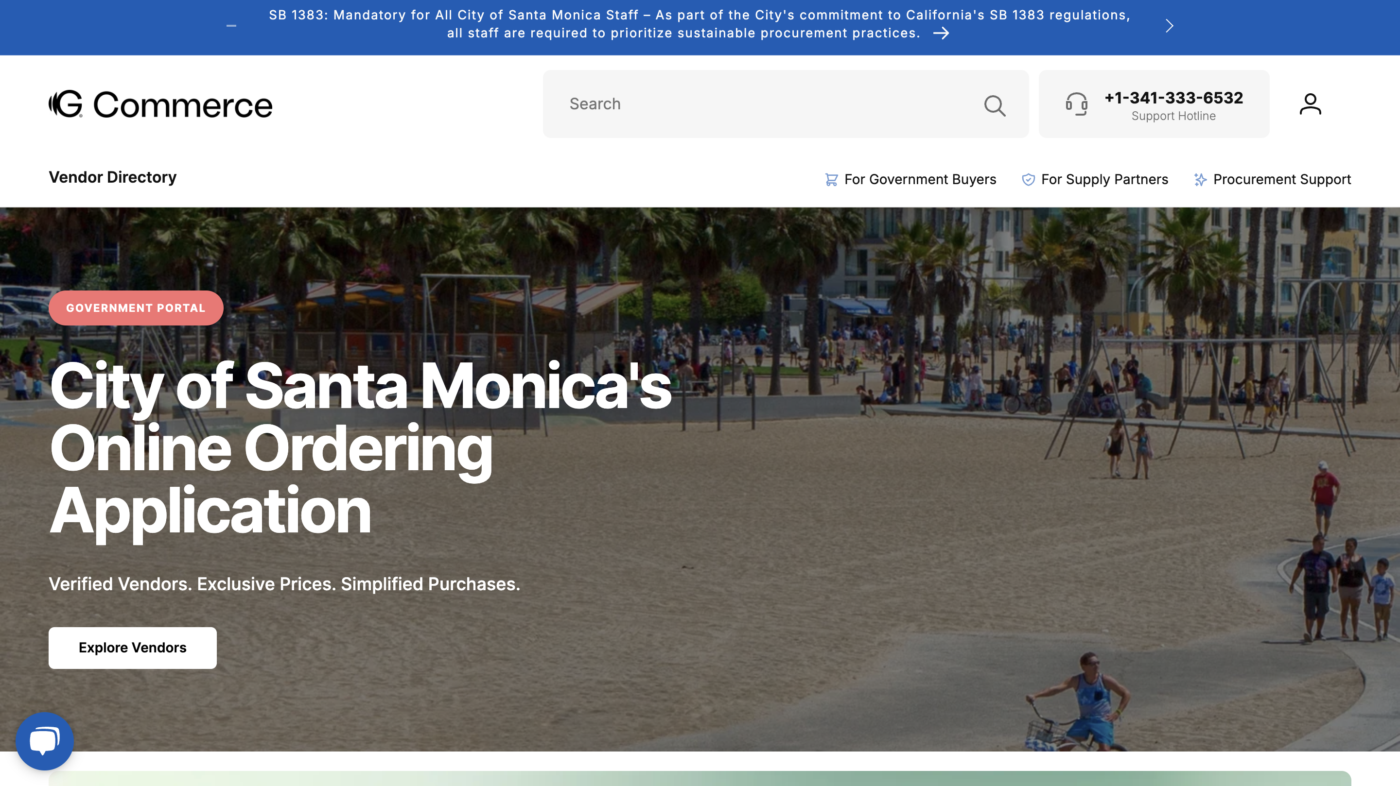 The new homepage of Santa Monica’s Online Ordering Platform, powered by G-Commerce, gives staff access to verified vendors, exclusive pricing, and simplified purchasing—all in one place. Built for government buyers, designed for everyday use.