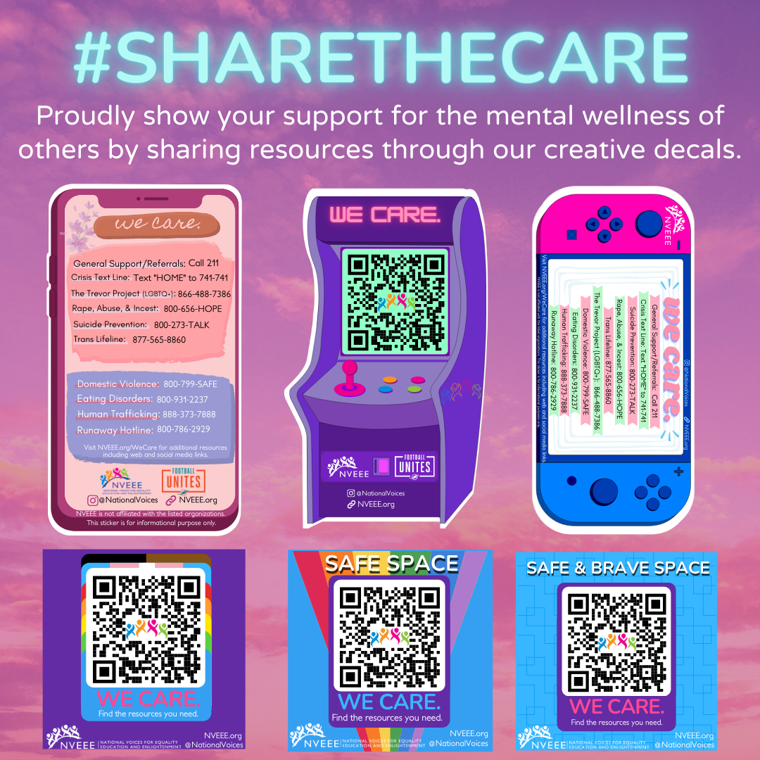 Developed by youth, NVEEE's #SharetheCare campaign encourages the use of vibrant stickers and decals, that through a QR code, directs users to the Share the Care resource catalog. 