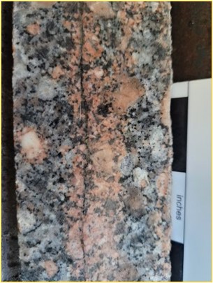 Drillhole 22MT038: Potassic alteration envelope surrounding millimetre-scale quartz-sulphide microfractures in relatively fresh granodiorite host rock at a depth of 172 metres.