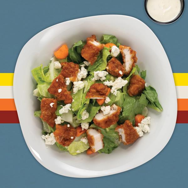 Buffalo Chicken Salad ($10.50) – Fried tenders tossed in sauce of choice, served over a bed of lettuce with carrots, celery and blue cheese. Served with choice of ranch, blue cheese or honey mustard. www.wingboss.com