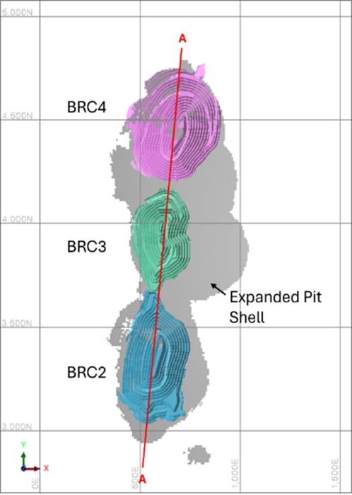 Plan view of Buffalo Reef Central depicting LOM pit shells the footprint of the Expanded Pit Shell.