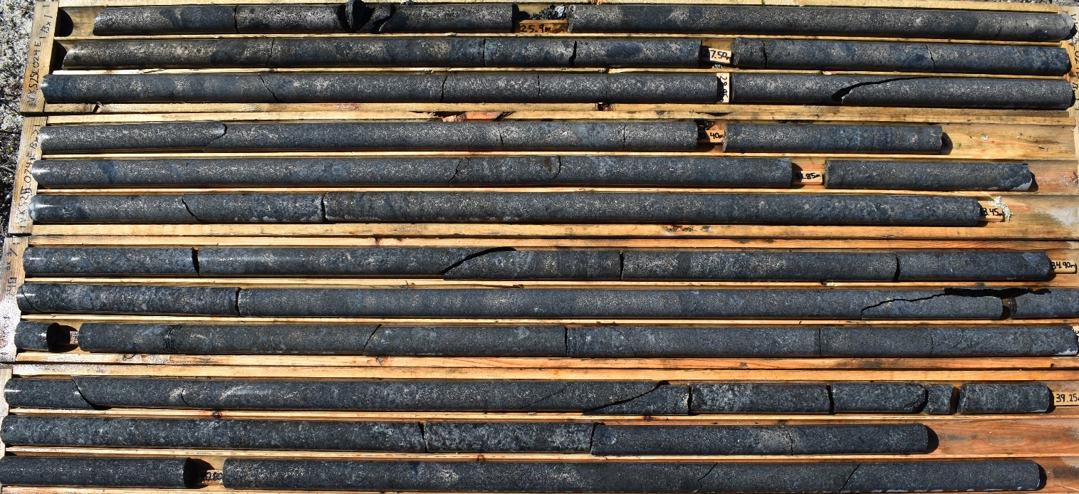 Extension of hole VKS25-024 from 25 to 42 metres, showing intervals of massive to net-textured pyrrhotite and chalcopyrite. Drill core is BTW size with a diameter of 4.2cm (1.65”)