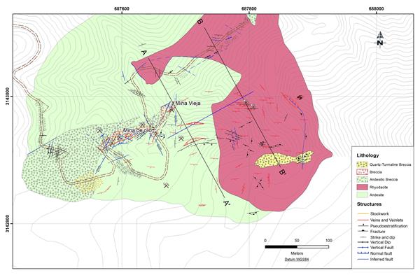 Figure 1: Geology Map on the Mina de Oro Target.