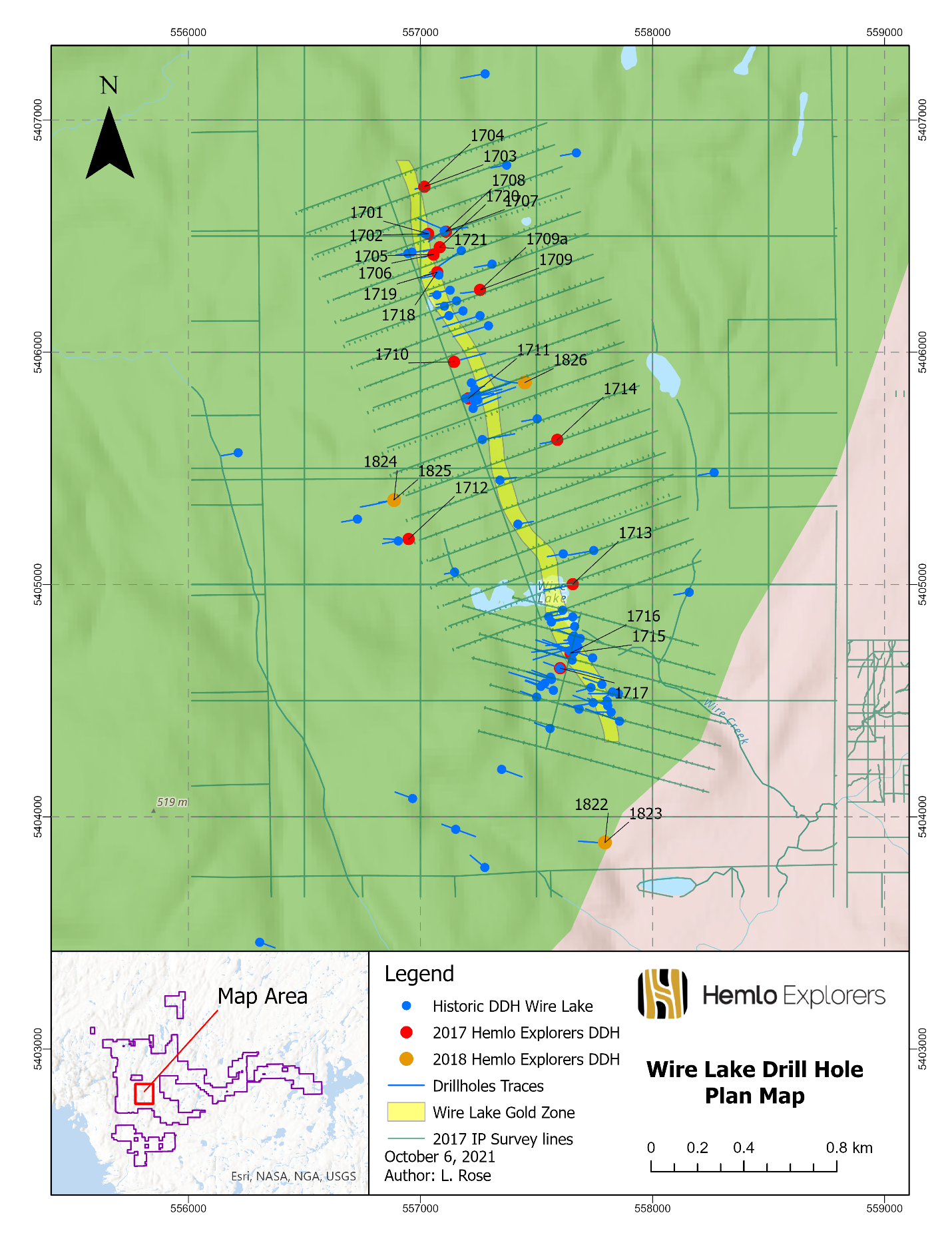 Figure #2 – Wire Lake Project Drill Hole Collar Plan Map with 2017 IP Grid