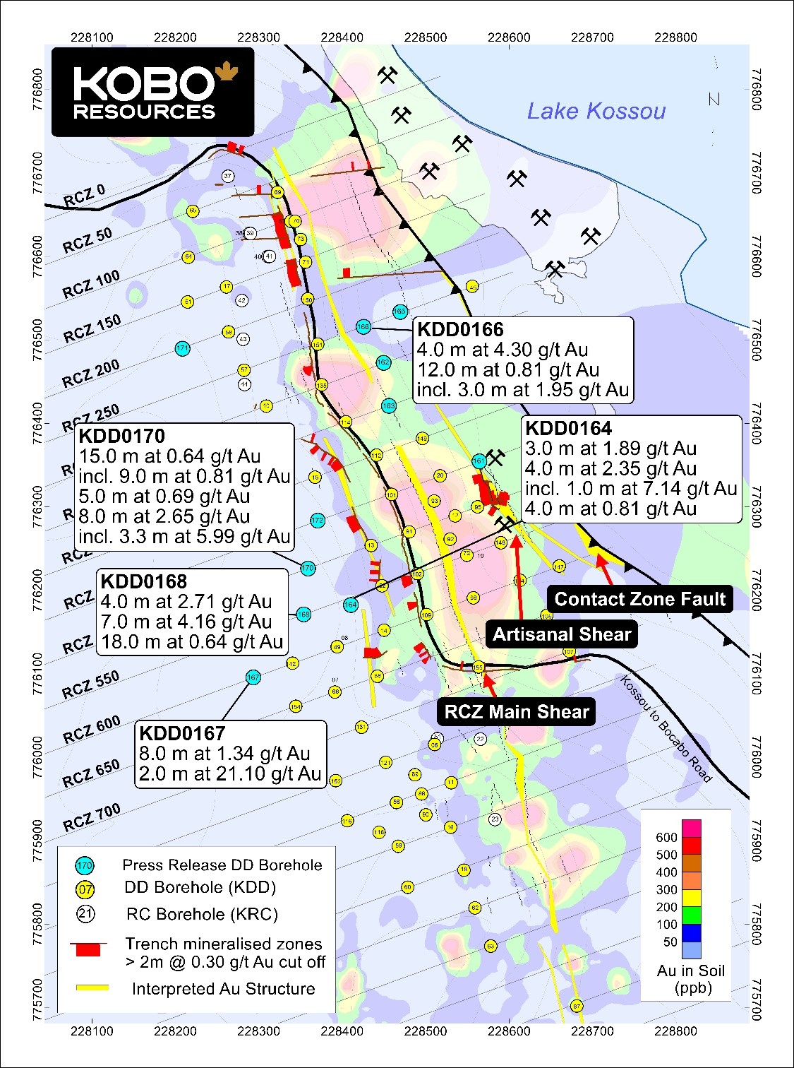 Road Cut Zone Simplified Geology Map with Diamond Drill Hole Collars
