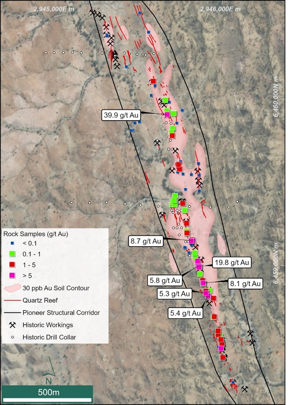 Plan view of quartz reefs with recently returned rock chip assays (Novo Resources sampling) at the Pioneer prospect and 30 ppb soil Au anomaly 1 and 7.