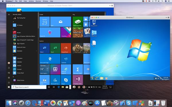 Windows 10 and Windows 7 running in Parallels Desktop 15