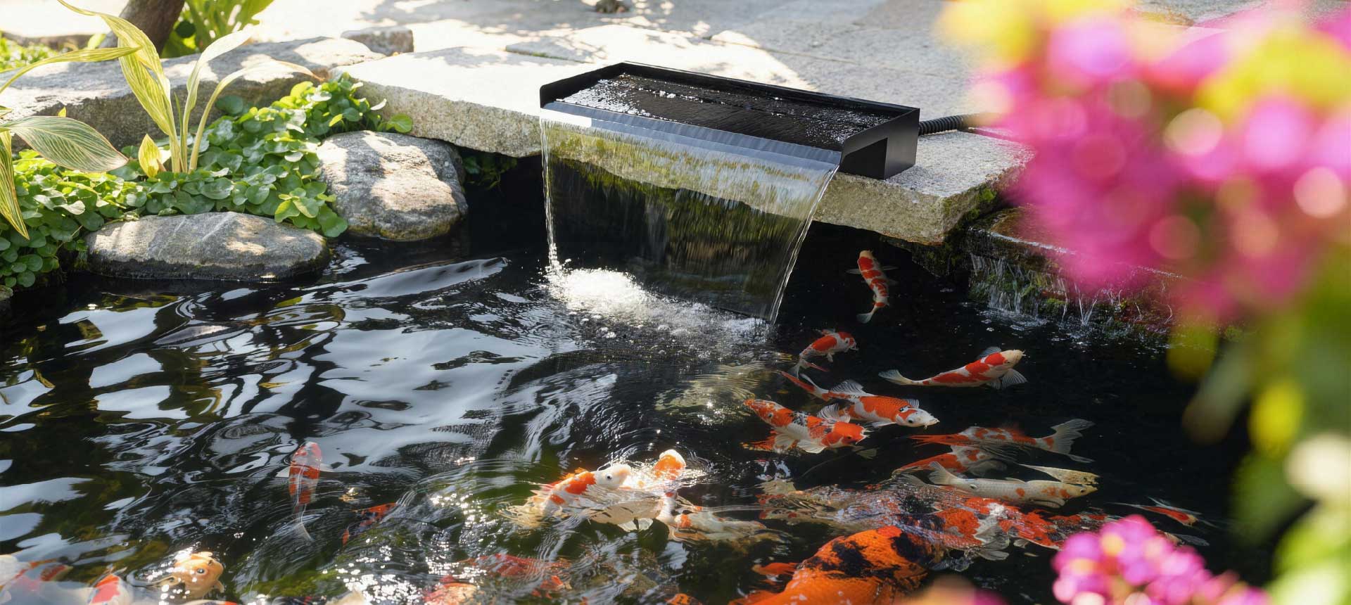 Poposoap fountain system setup in a koi pond