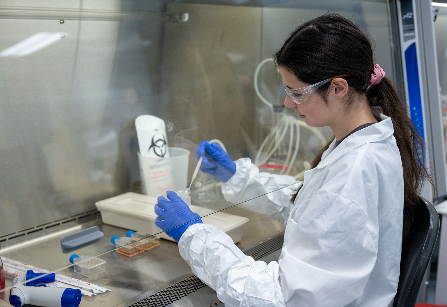 A student conducting testing in the Solano Community College $34 million California Biomanufacturing Education Center.