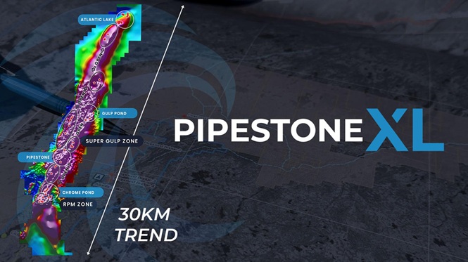 Pipestone XL Alloy Project showing awaruite target zones along 30km trend over total magnetic intensity (TMI). 