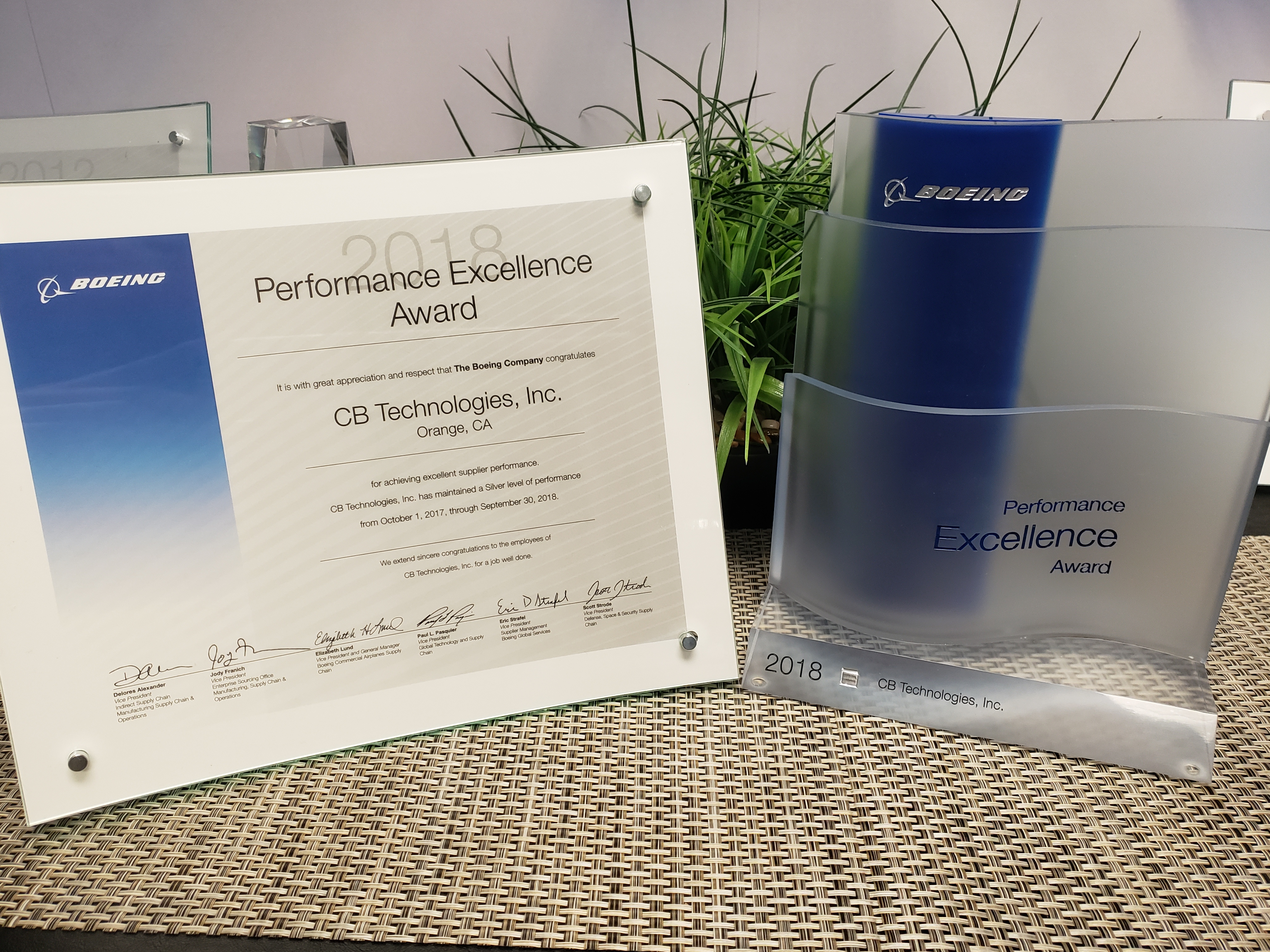 CB Technologies Awarded 9th Consecutive Boeing Performance Excellence Award
