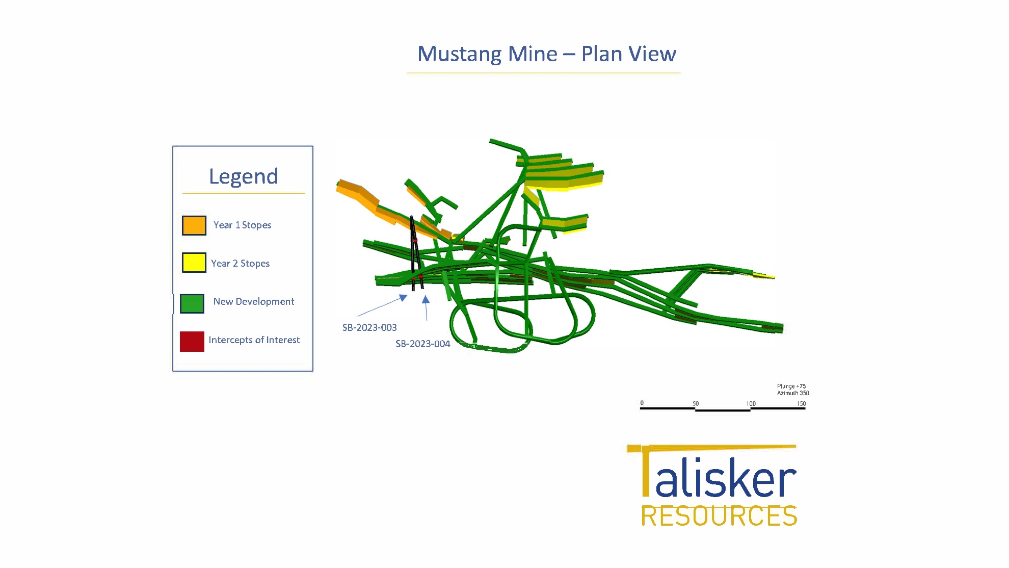 Plan view of holes SB-2023-003-004 intersecting the Alhambra and BK Veins within the proposed Mustang Mine.