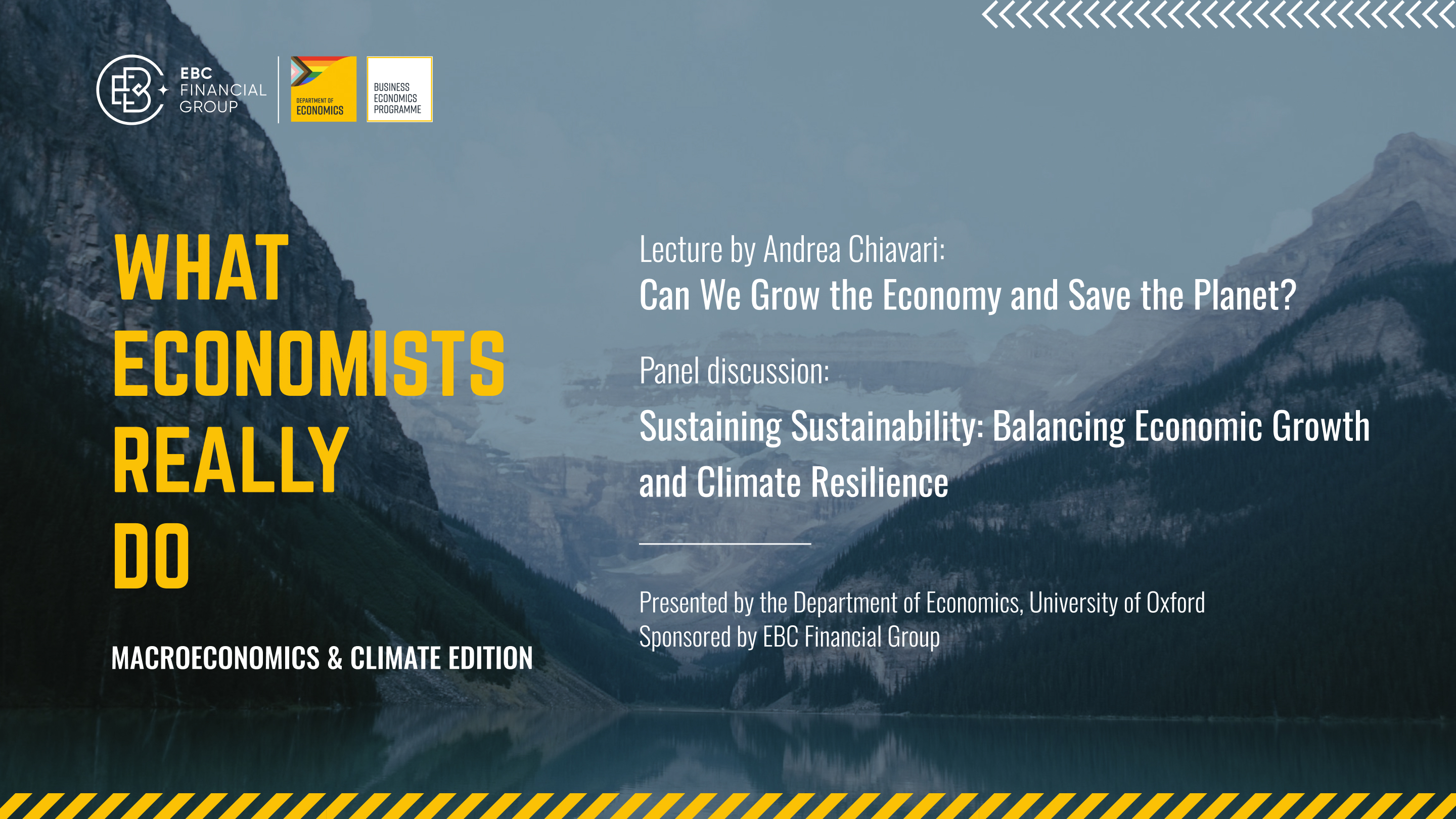 Bannière pour l’événement "What Economists Really Do" avec des discussions sur la croissance économique et la résilience climatique, sponsorisé par EB