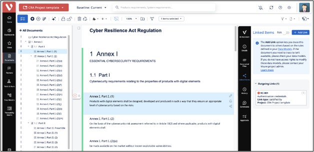 Illustrates live requirement-to-evidence mapping, suspect-link flags, and real-time CVE impact analysis across releases.