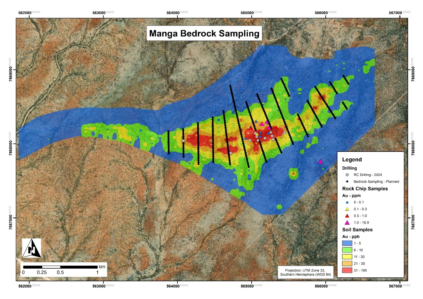 Figure 4: Manga prospect map showing gold-in-soil heat map with planned bedrock sampling collar locations (black dots).