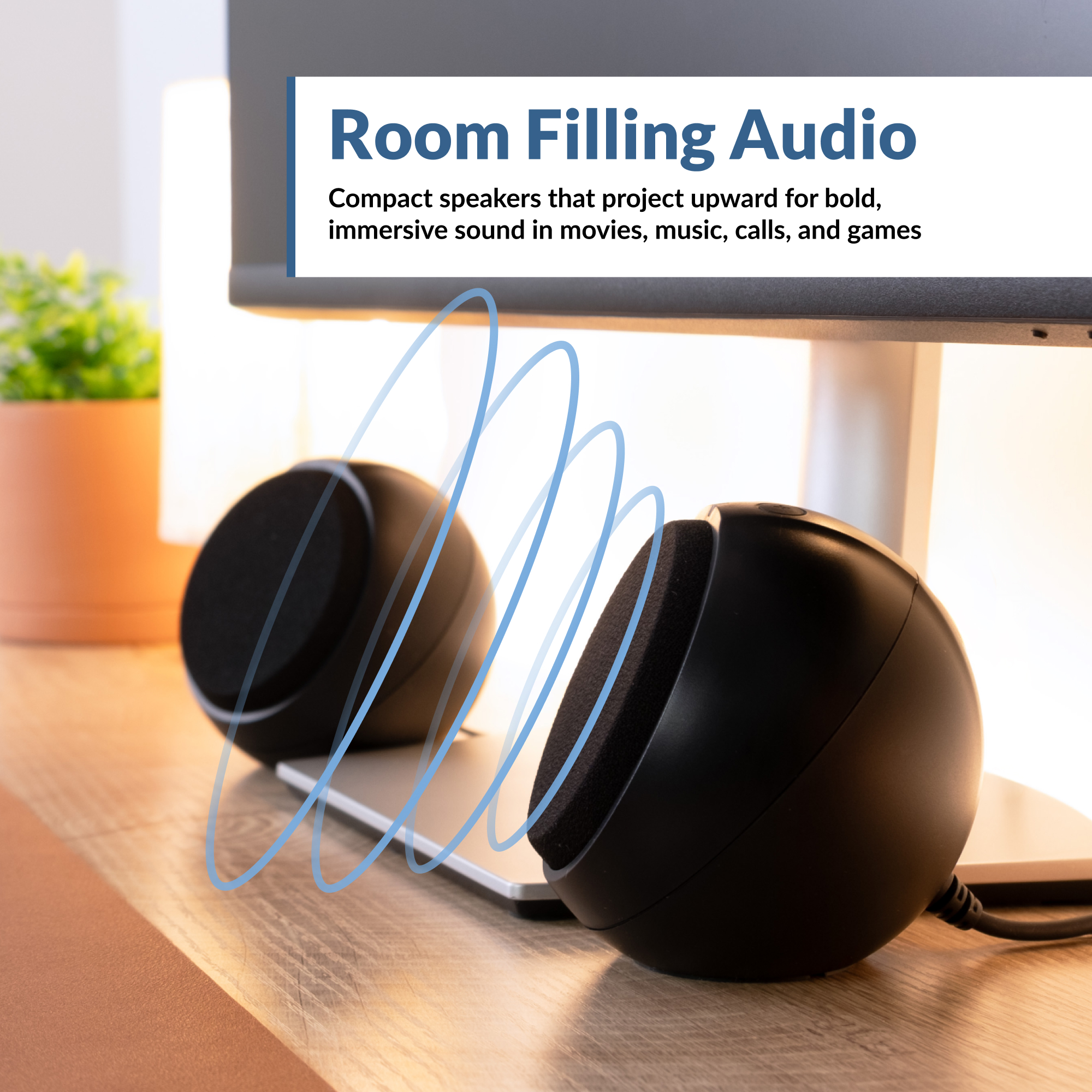 Front view of Cyber Acoustics USB‑powered 2.0 desktop speakers — compact, round‑shaped stereo speakers with built‑in USB connection