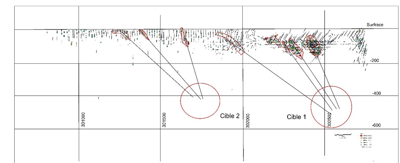 Longitudinal View of the Mineralized Envelopes and Deep Target Projections 
