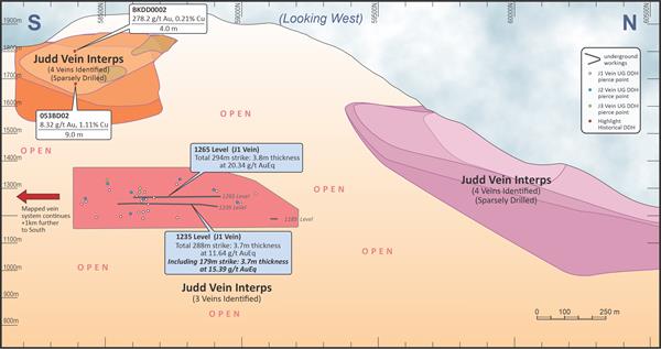 Figure 2 – Judd Vein System long-section including Judd Vein interpretations (“Interps”) based on sparse drilling