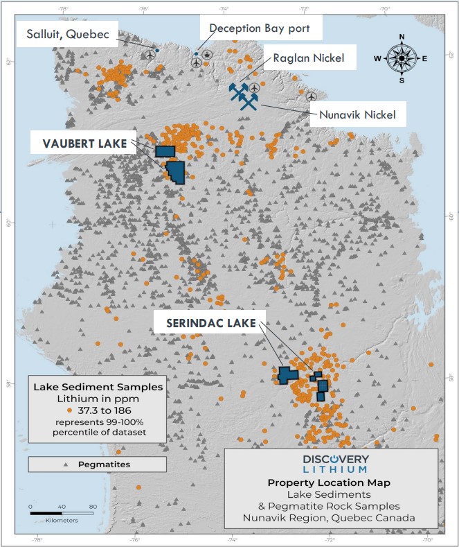 Lithium lake sediment samples of the Nunavik region. Source: Ministere des Ressources naturelles et des Forets.