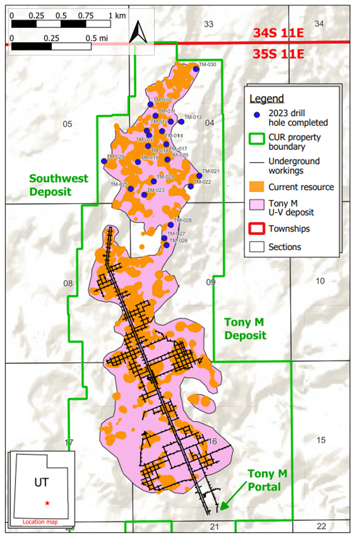 Plan view map of the Tony M Mine with 2023 drill holes