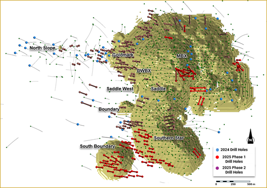 Plan view of Mt. Milligan showing the 2025 planned drilling program. Bright red holes are phase 1 priority holes intended to be completed by the end of the first quarter 2025. Drilling started in January 2025.