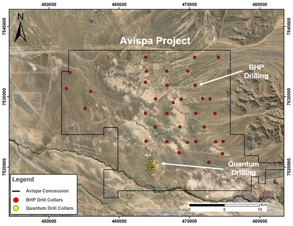 Location map of BHP (red) and Quantum (yellow) RC drill chip sampling sites.