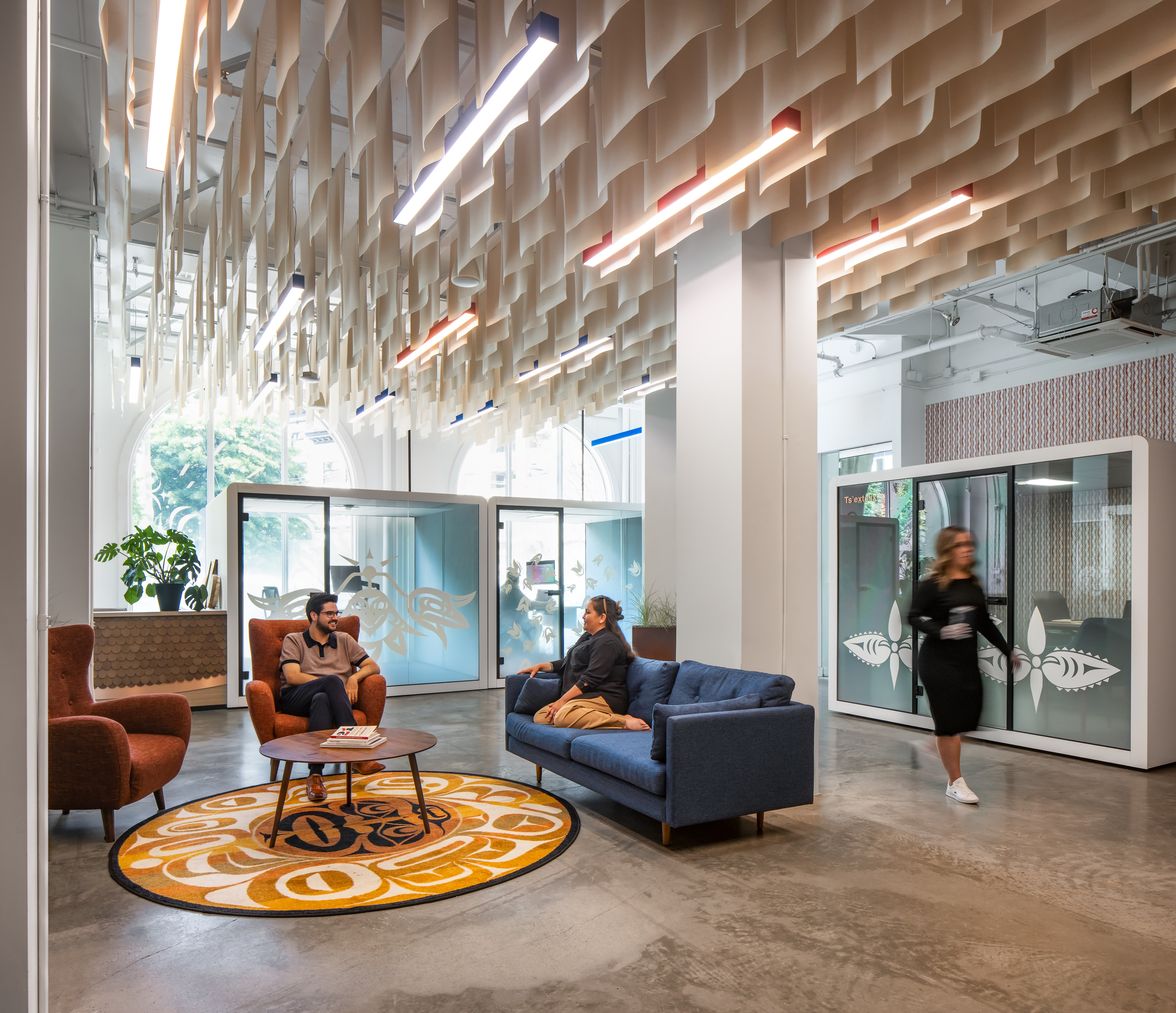 A photo of the BC First Nations Justice Council's Vancouver Indigenous Justice Centre. The space was built with and alongside the local communities to reflect Indigenous Law as it pertains to the local homelands, territory, and urban Indigenous populations.